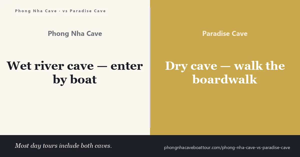 Phong Nha Cave vs Paradise Cave — a wet river cave entered by dragon boat compared with a dry boardwalk cave in Phong Nha-Kẻ Bàng, Vietnam